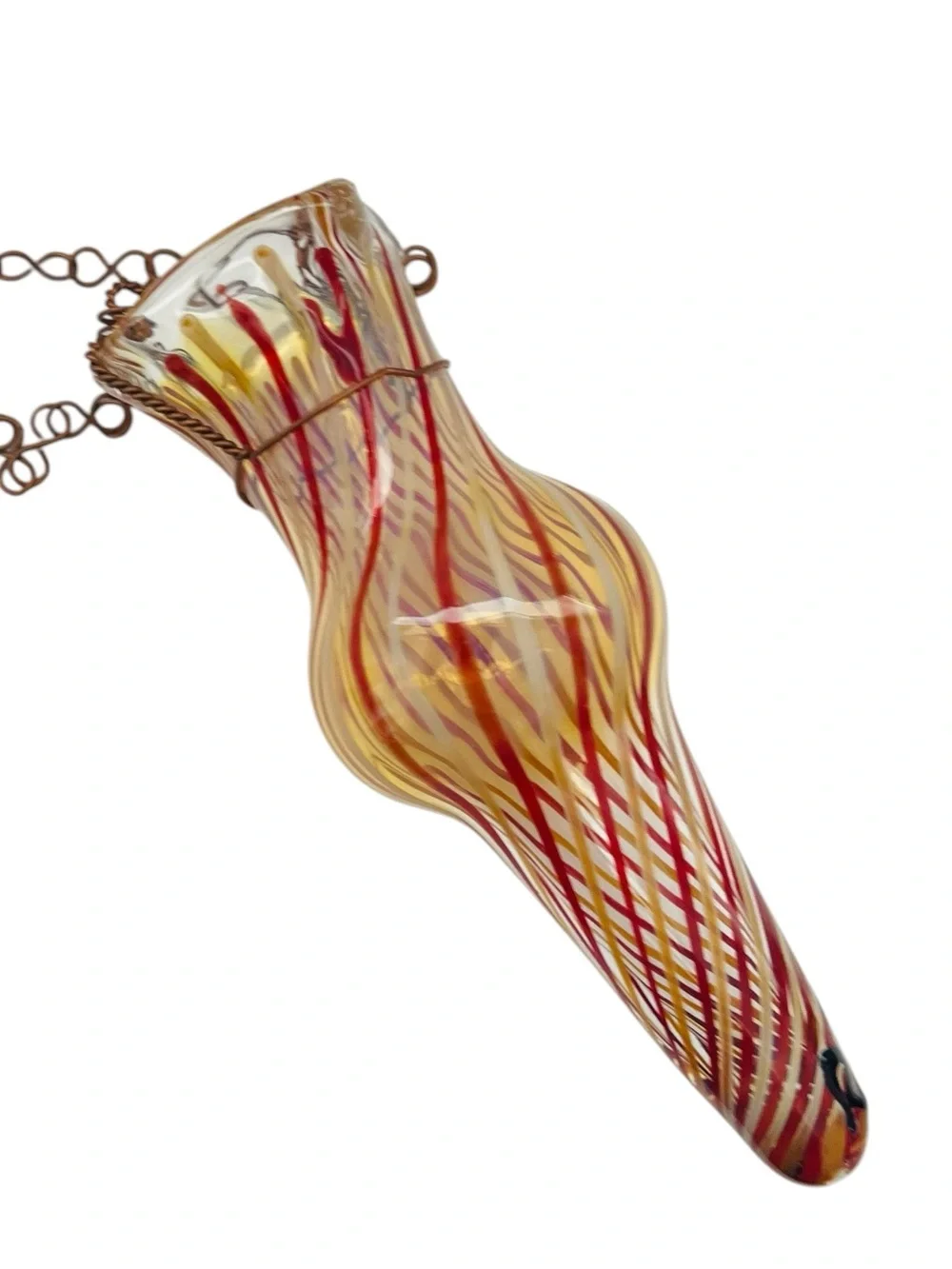 Vintage Robert Coleman Signed RC Handblown Spiral Glass Hanging Chain Bud Vase